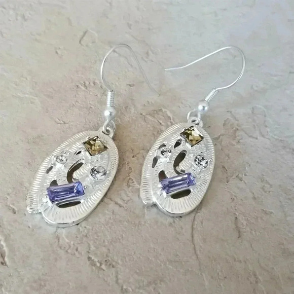 Sterling Silver Plated Oval Topaz Blue Clear Crystal Art Nouveau Dangle Earrings - Picture 2 of 5